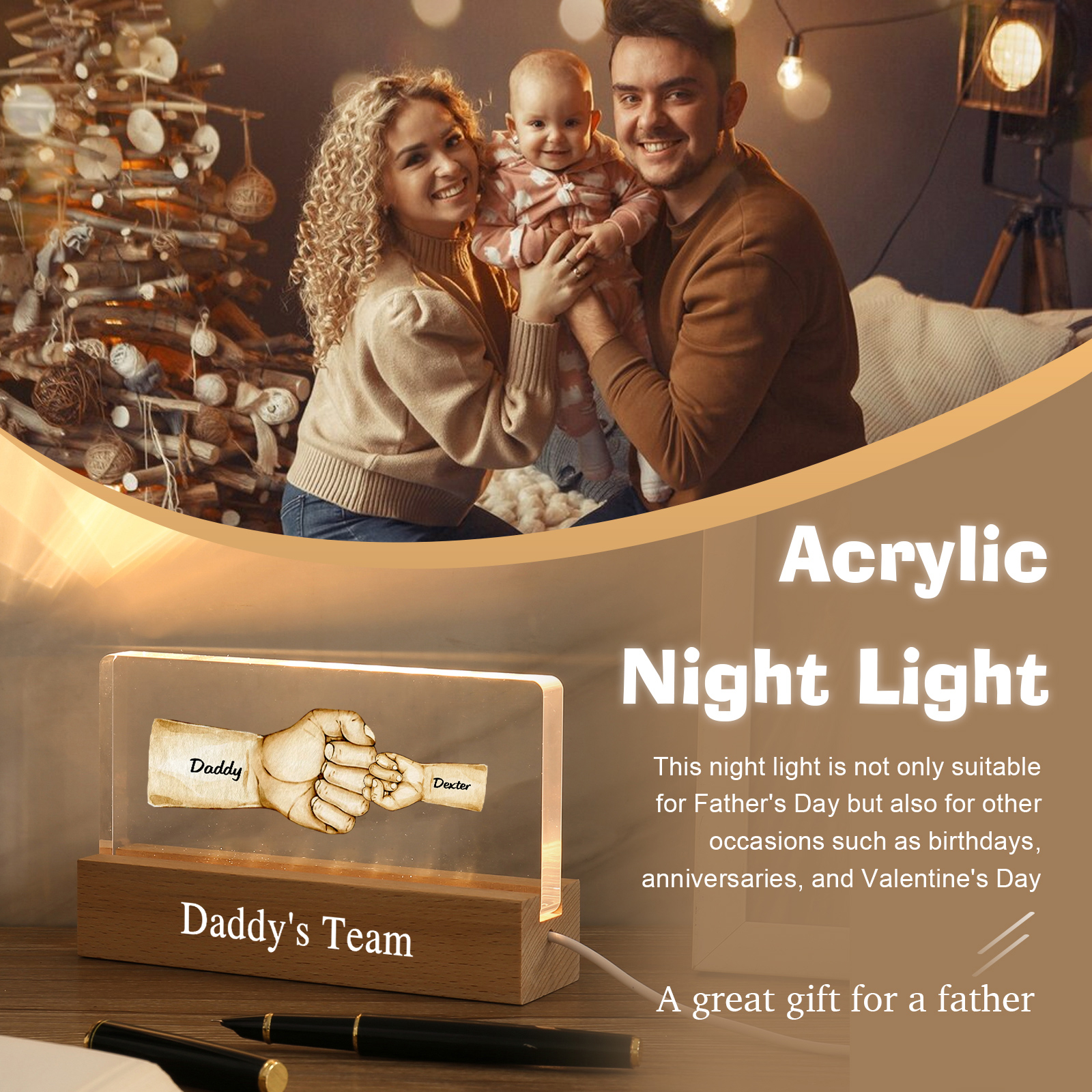 2 Names - Personalised Fist Bump Pattern Table Lamp Customized Text Father's Day Gift for Dad