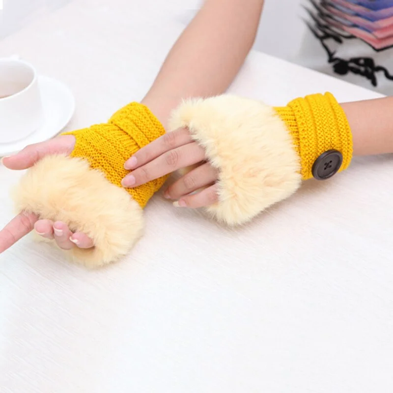 Arm Warmers Women Solid Knitting Single Button Faux Rabbit Fur Plush Kawaii Womens Mitts Half-fingered All-match Warm Trendy New