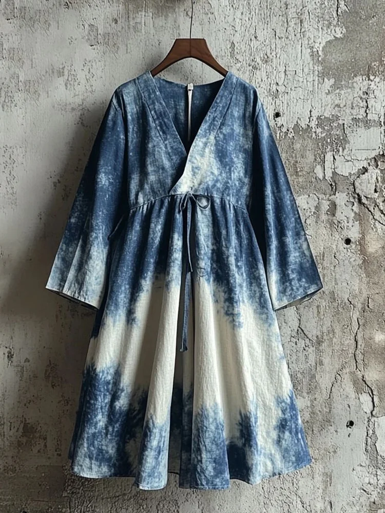 Women's Japanese Traditional Art Indigo Tie-dye Cozy V-neck Dress
