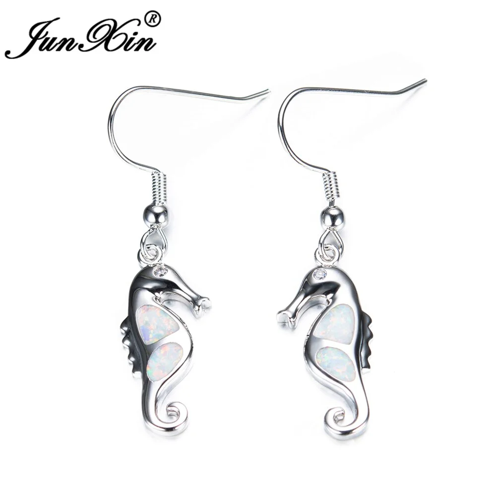 JUNXIN Women Animal Drop Earring Fashion White Fire Opal Earrings Silver Color Long Dangle Earrings For Women