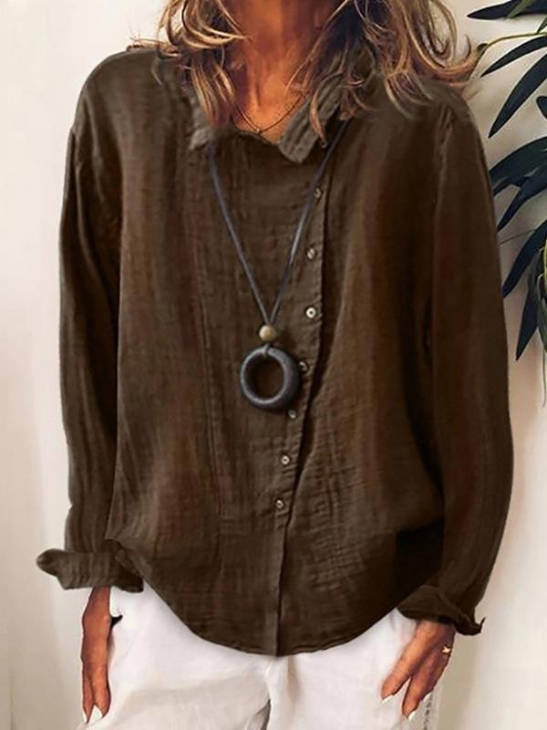 Women's Solid Color Loose Button Cotton Linen Blouse-Mayoulove