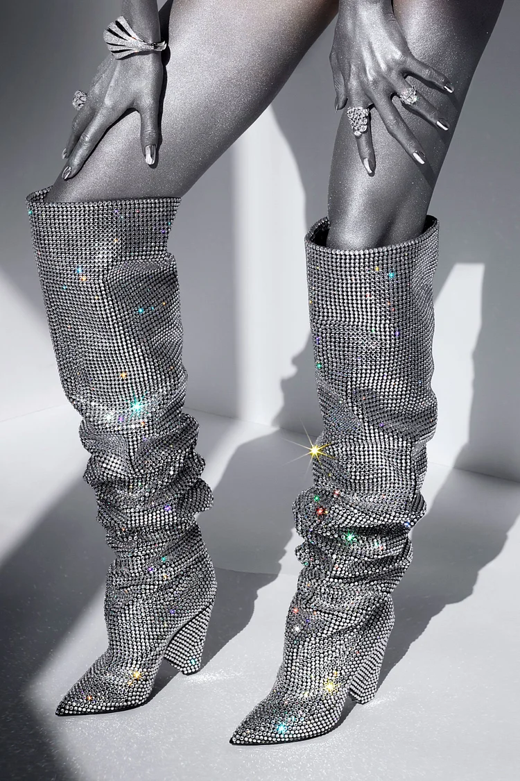 Silver Knee High Hotfix Boots with Chunky Heel. Vdcoo