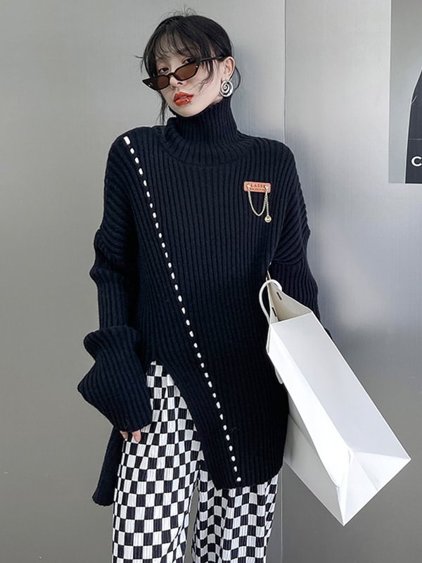Original Loose Striped Split-Side High-Neck Long Sleeves Sweater Top