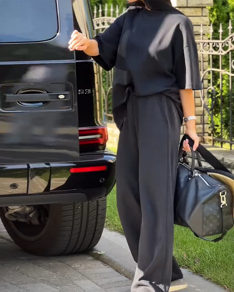 Round Neck Short-sleeved Top and Straight Pants Two-piece Suit