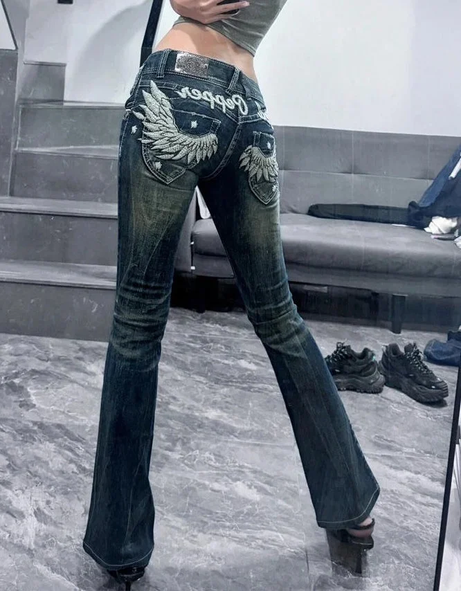 Wing Embroidery Flare Pants