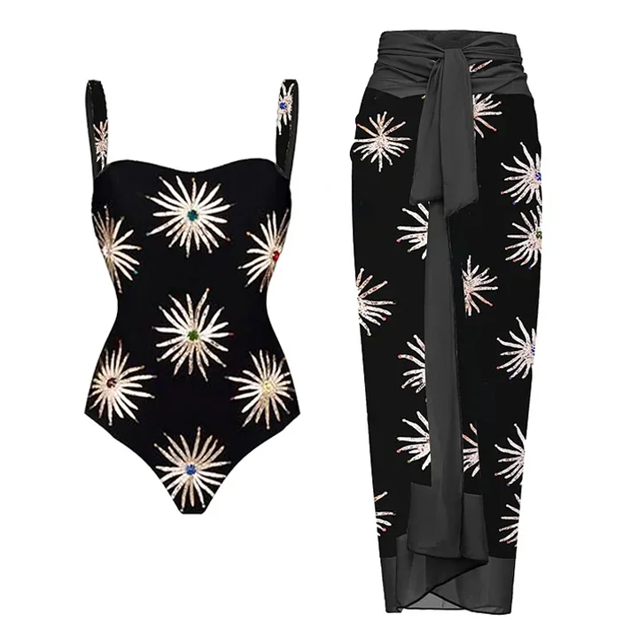 Paillettes Printed One Piece Swimsuit And Sarong Flaxmaker