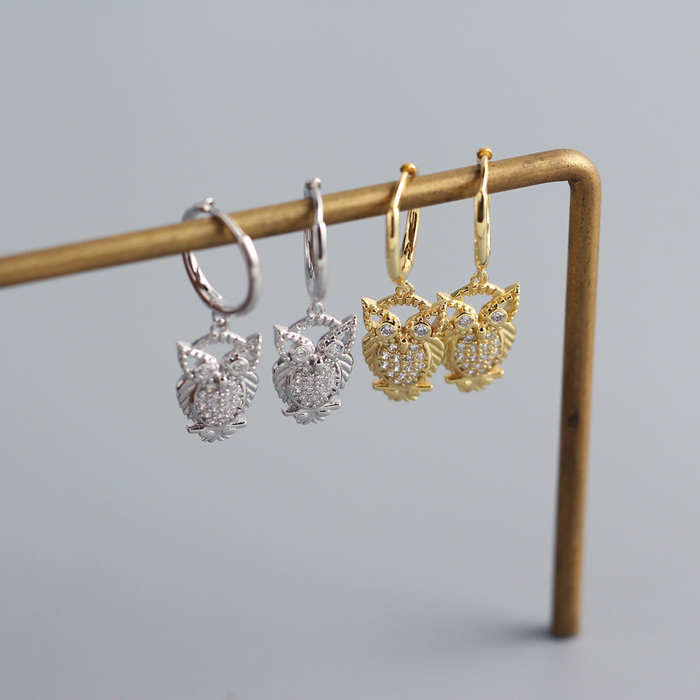 925 Sterling Silver Niche Owl Chinese Zodiac Animal Silver Diamond Inlay Stud Earrings