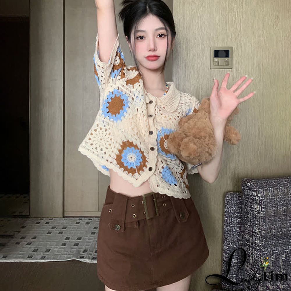 Crochet Hollow T-Shirt Fringed Split Denim Pants Two Pieces Set