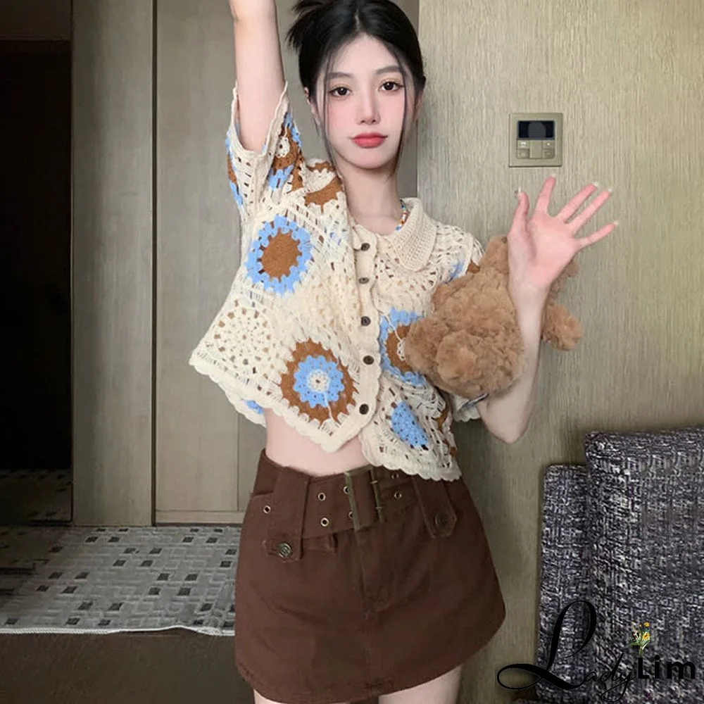 Crochet Hollow T-Shirt Fringed Split Denim Pants Two Pieces Set