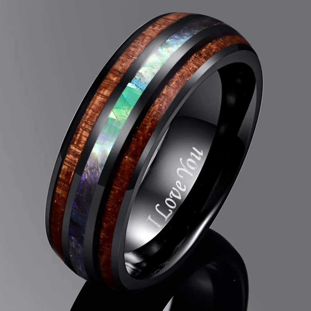 6MM 8MM Mens Women Tungsten Hawaiian Koa Wood and Black Abalone Shell Imitated Opal Inlay Tungsten Carbide Rings