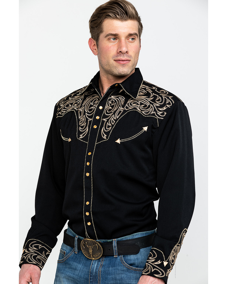 SCULLY MEN'S BLACK EMBROIDERED SCROLL LONG SLEEVE WESTERN SHIRT