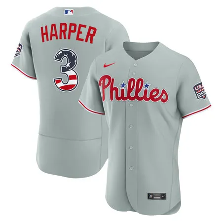 Men's Philadelphia Phillies #3 Bryce Harper Nike Gray USA 250 Fourth of July Road Authentic Jersey