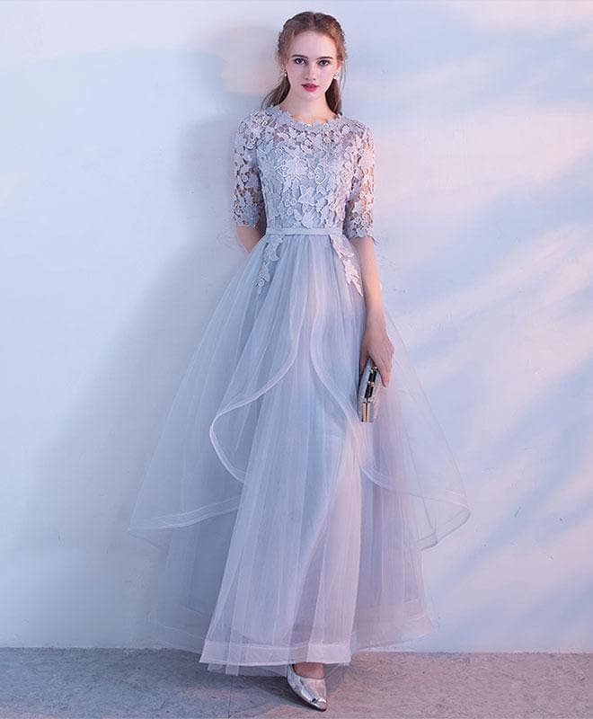 Simple Lace Tulle Gray Long Prom Dress, Gray Tulle Lace Evening Dress
