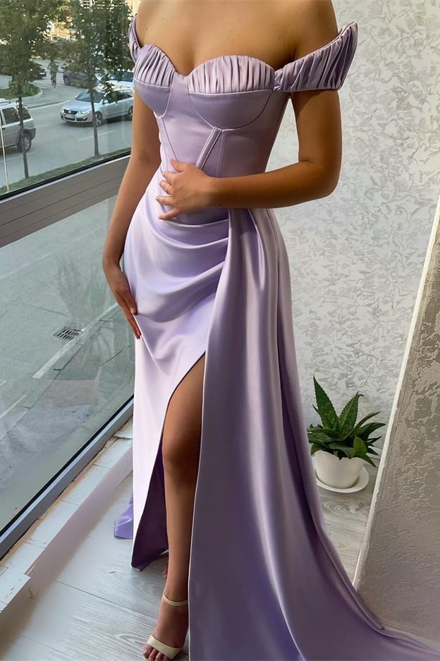 Stunning Lilac Evening Dress Off-the-Shoulder Long Split With Ruffle | Ballbellas Ballbellas