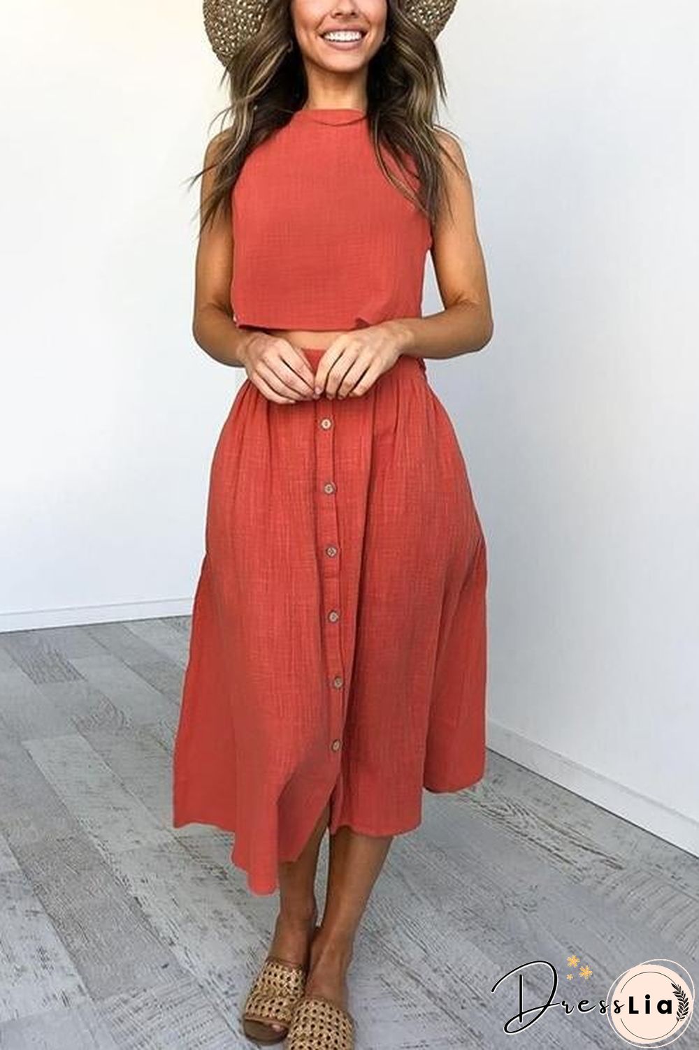 Button Decorate Vest Naxi Skirts Set