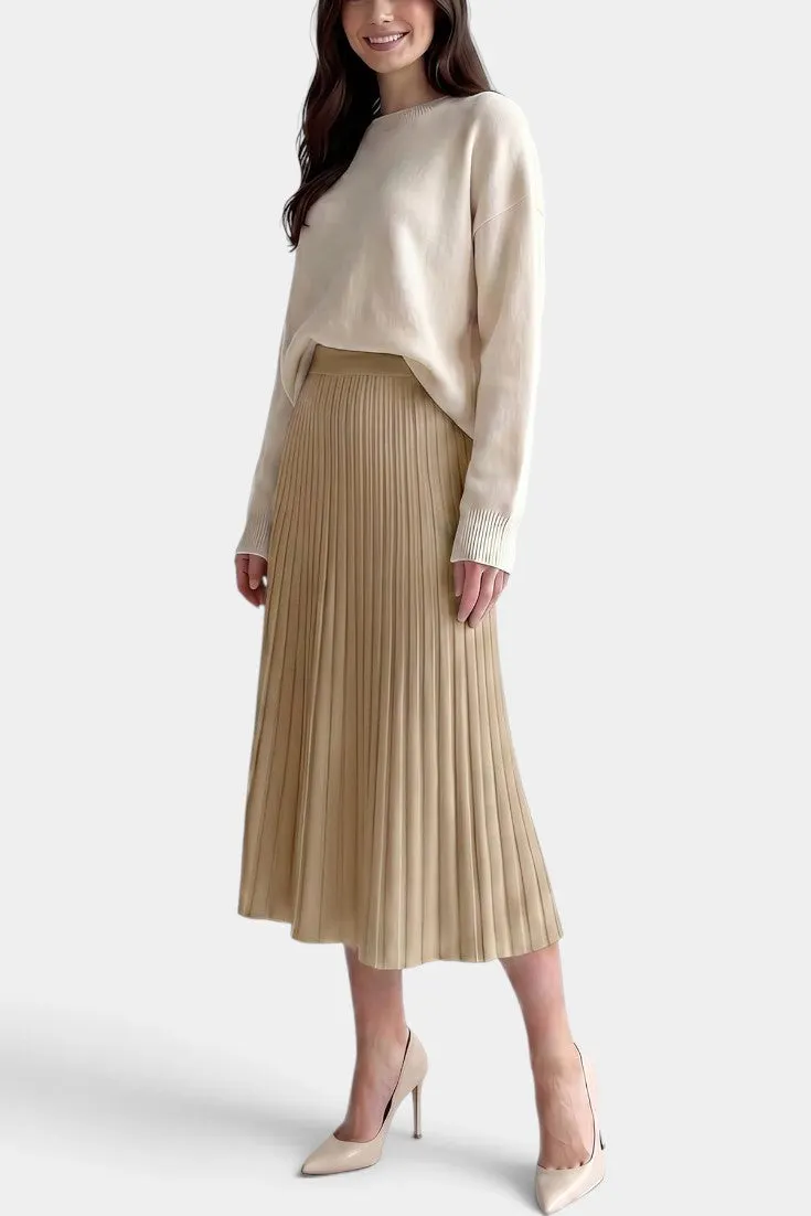 Pleated Midi Skirt with Relaxed Crewneck Top