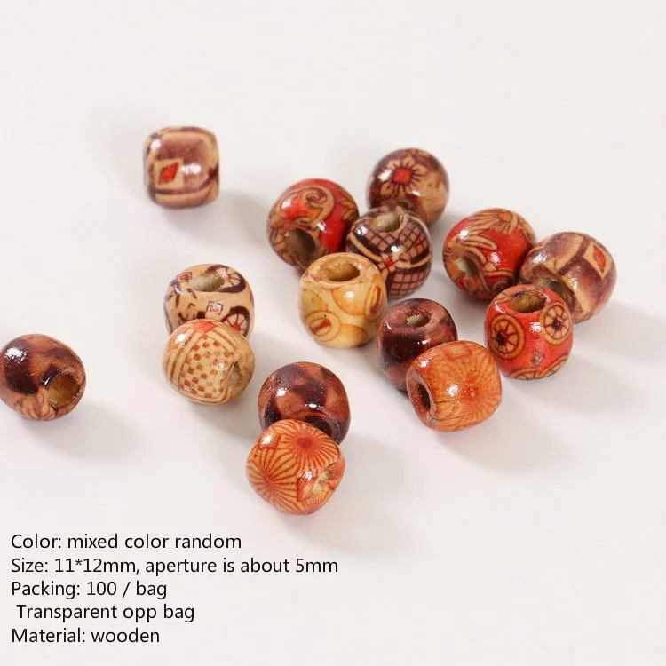 100 PCs/bag 11*12mm Aperture: 5mm Medium Size Hole Vintage Painted Wooden Beads African Hair Rings Dreadlock Accessories