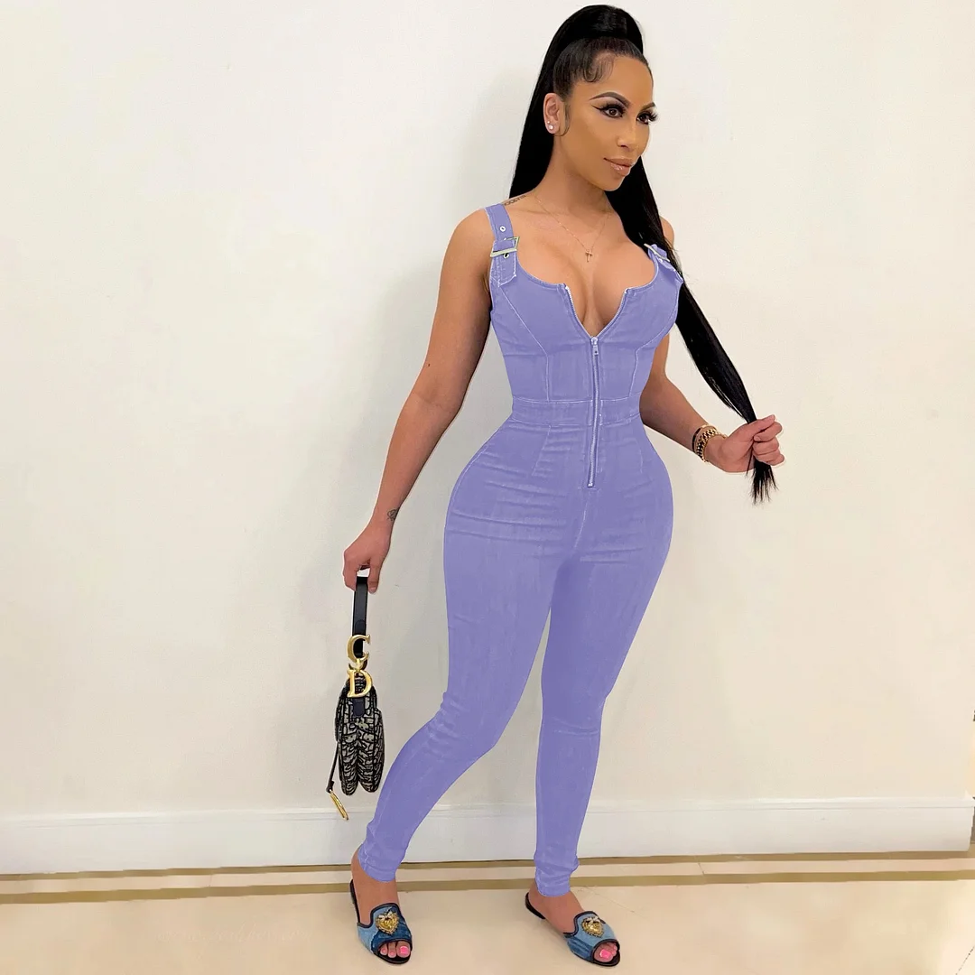 CM.YAYA Fake Jeans Women's Skinny Zipper Up Rompers Fashion Sleeveless Pencil Jumpsuit Bodycon Active One Piece Overalls