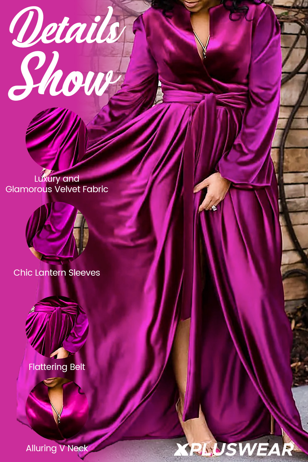 Design Plus Size Semi Formal Dress Magenta Velvet Lantern Sleeve Maxi Dress With Belt