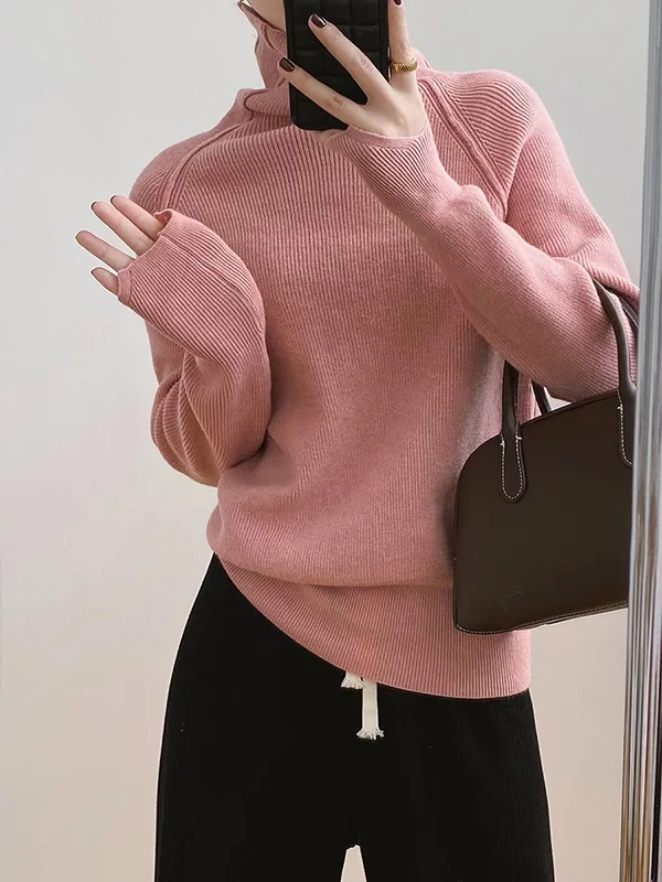 Casual Long Sleeves Roomy Pure Color High-Neck Sweater Tops