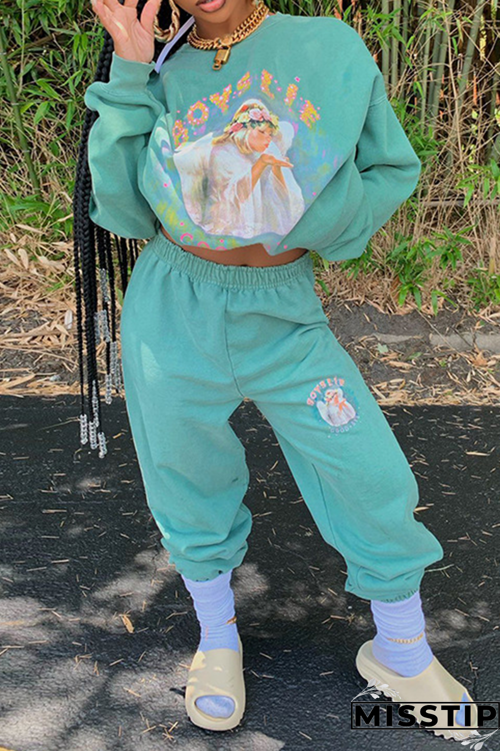 Black Casual Print Patchwork O Neck Long Sleeve Two Pieces