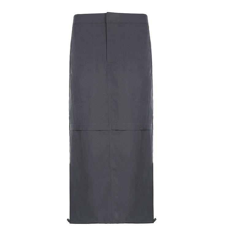 Sweetown Gray Casual Baggy Loose Size Cargo Skirts Womens Big Pockets Streetwear Drawstring Hem Low Waist Hippie Long Skirt Y2K