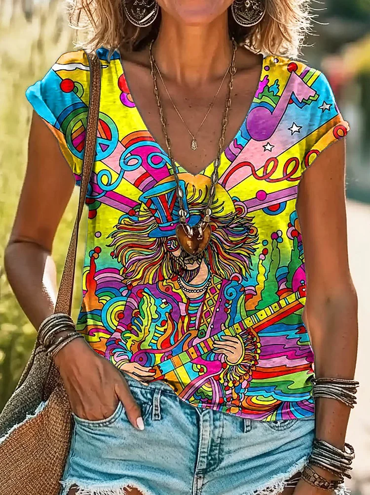Women's Hippie Music Art Print 100%Cotton V-neck T-Shirt