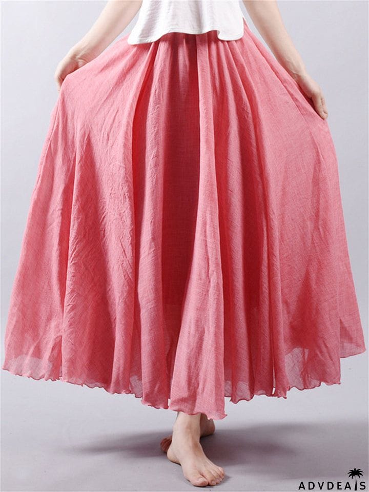 Women's Elastic Waist Pleated Maxi Linen Skirts