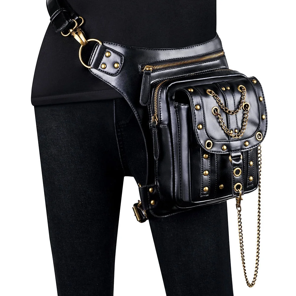 Chain Small Belt Motorcycle Leg Banana Pouch Hip Bag Steampunk Bag Shoulder Messenger Waist Bag Fanny Pack For Women Cyberpunk