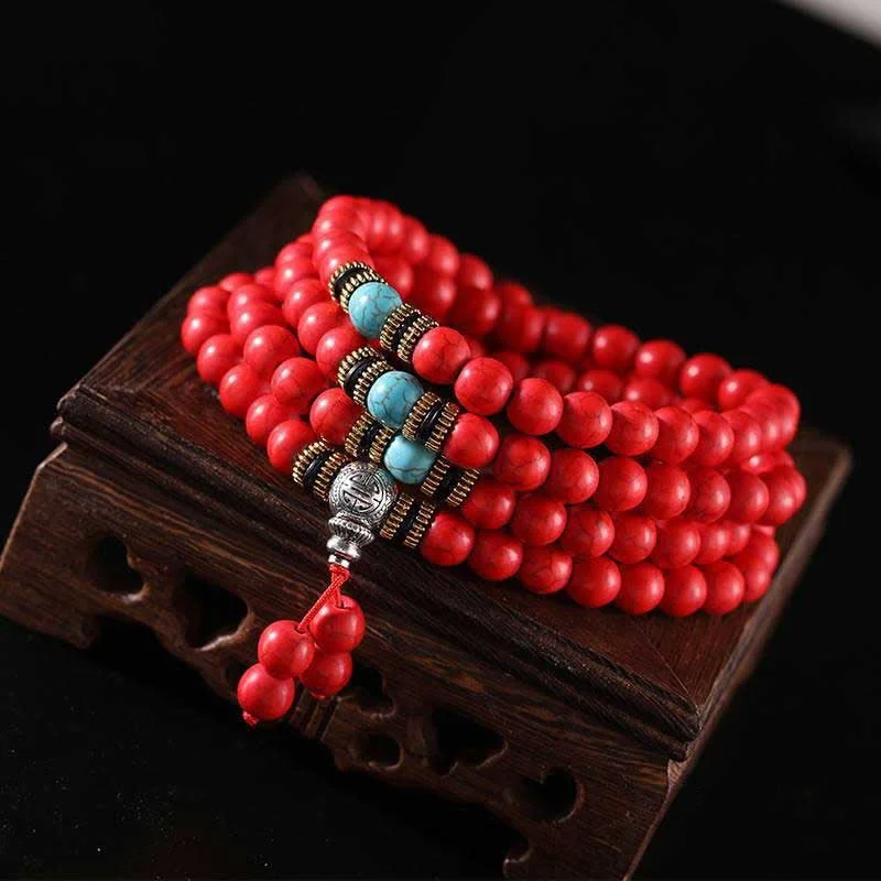 Red Turquoise Amber Turquoise Bead Protection Bracelet Necklace Mala