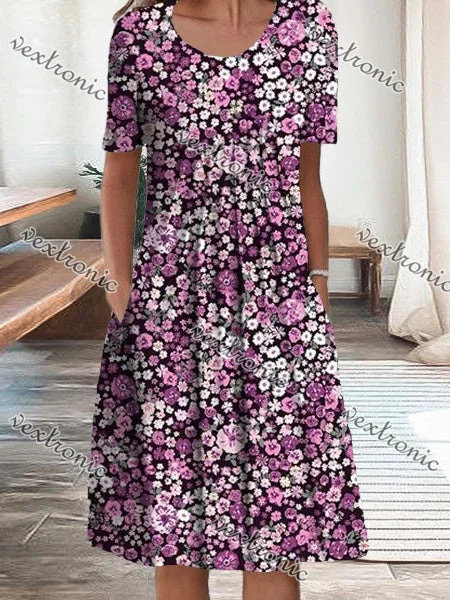 Women's Pink Scoop Neck Short Sleeve Floral Printed Midi Dress