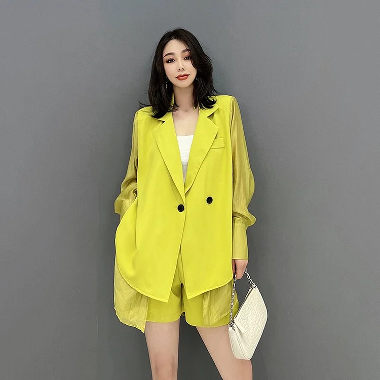 Temperament Lapel Double Breasted Long Sleeve Patchwork Blazer And Shorts Two Pieces Set           