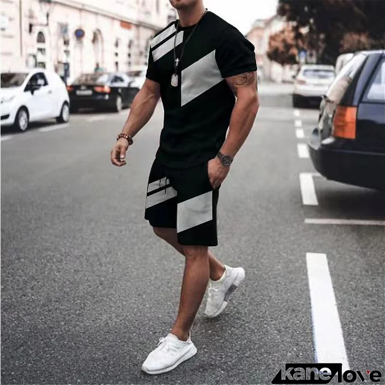 Men Casual Round Neck Short-Sleeved Print Large Size Loose T-Sleeves And Shorts Two-Piece Set