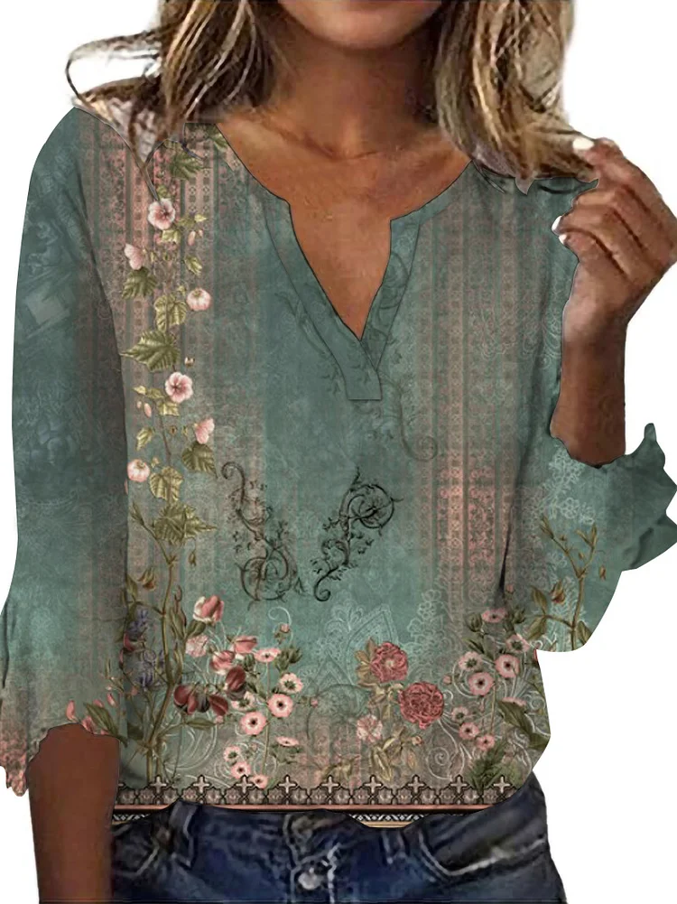 Women's 2024 Vintage Floral T-Shirts V-Neck French Style Sleeve Tee