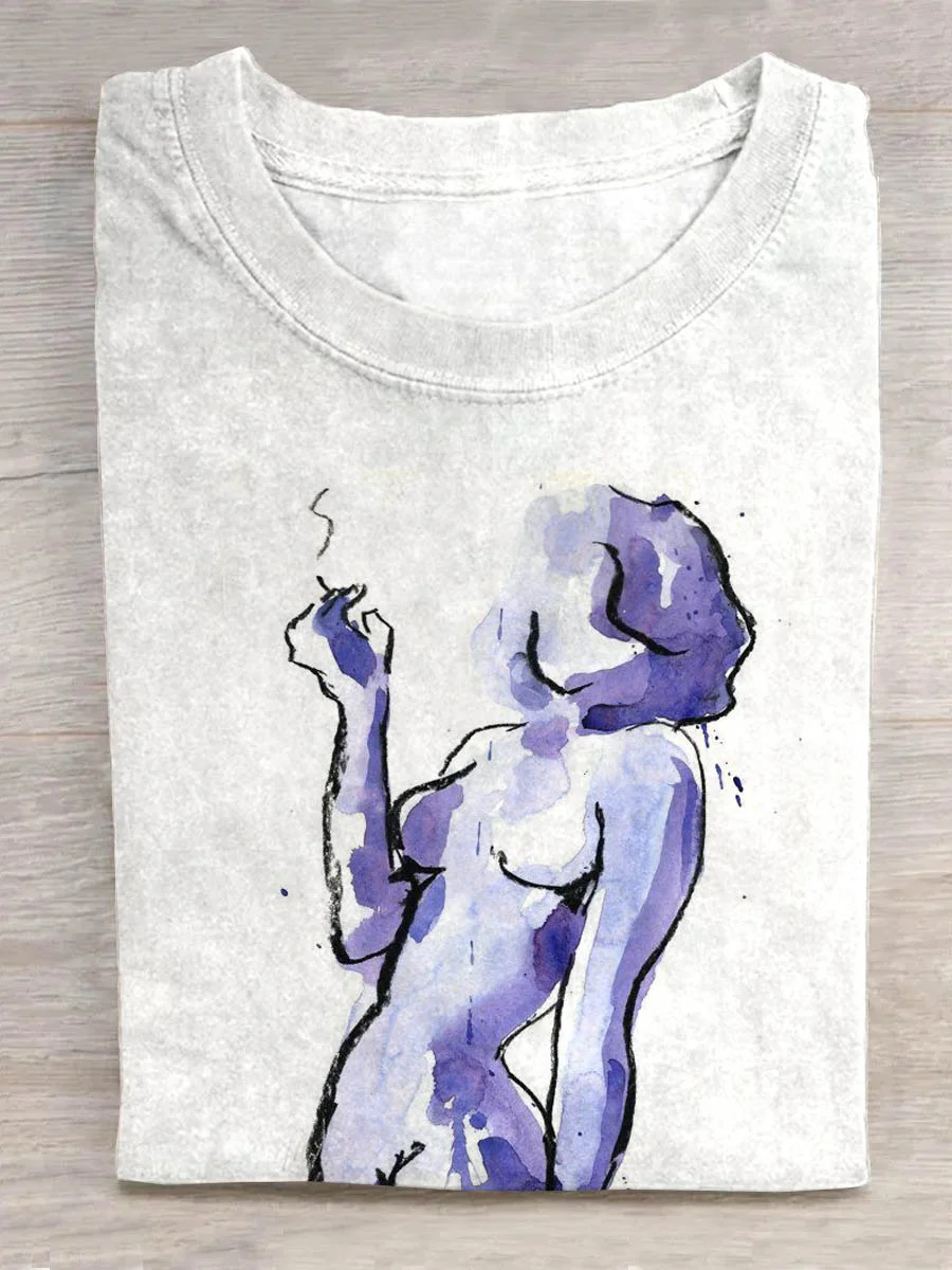 Eagerlys Ink Painting Smoking Girl T-shirt Eagerlys