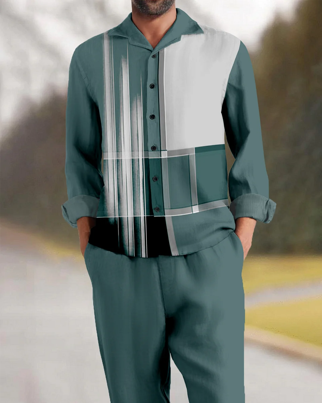 Suitmens Men's Retro Geometry Long Sleeve Walking Suits-0138