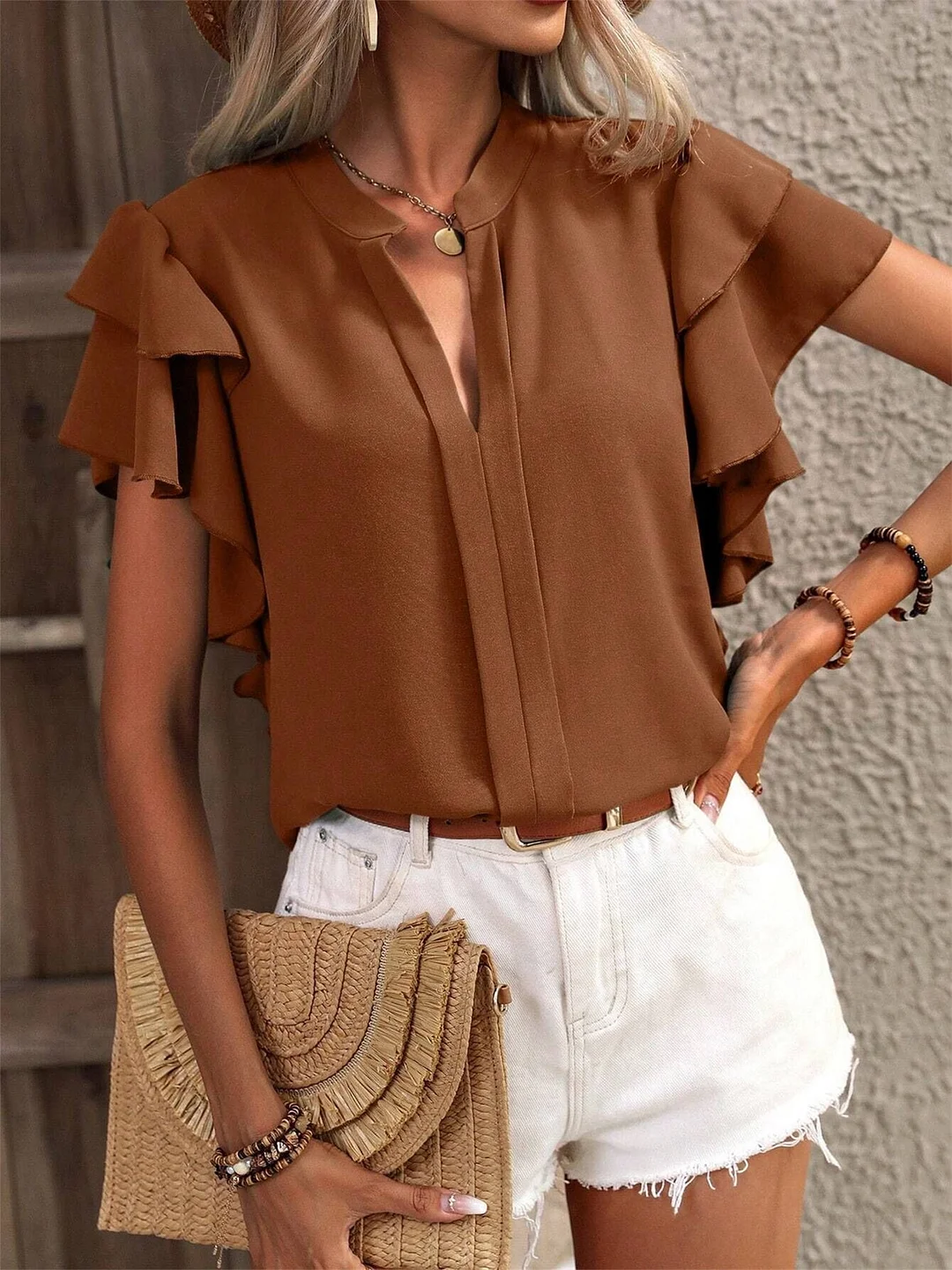 Women Short Sleeve V-neck Solid Color Tops