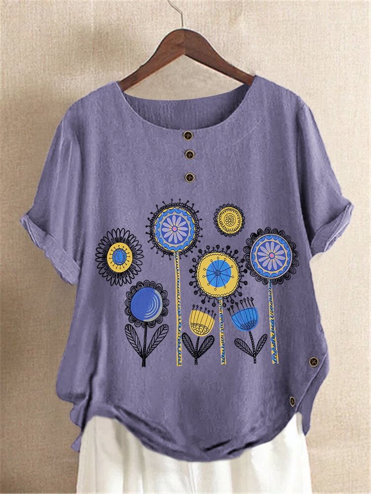 Casual Cartoon Flower Printed Short Sleeve O Neck Side Button T shirt P1652618