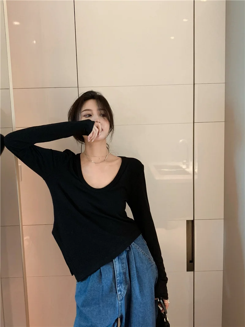 Uveng Uveng Female Slim Sexy Low Collar White Foreign Style Long Sleeves With Bottom Shirt 2024 Autumn New Slim Jacket