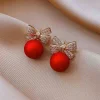 Boucles d'oreilles de no&euml;l en zircon brillant, n&oelig;ud boule rouge