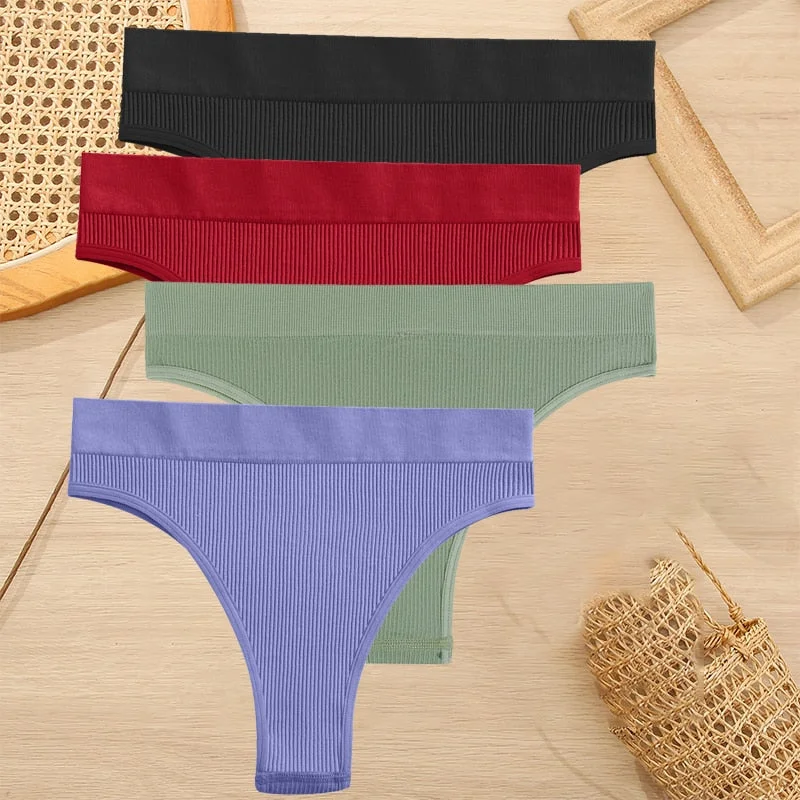 FINETOO 4PCS/Set Women Seamless Pantys Girls Thongs High Waisted Soft Woman Briefs 10 Solid Colors S-XL Sexy Underpant For Women