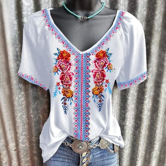 Ethnic Vintage Floral Print Short Sleeve V-Neck T-Shirt