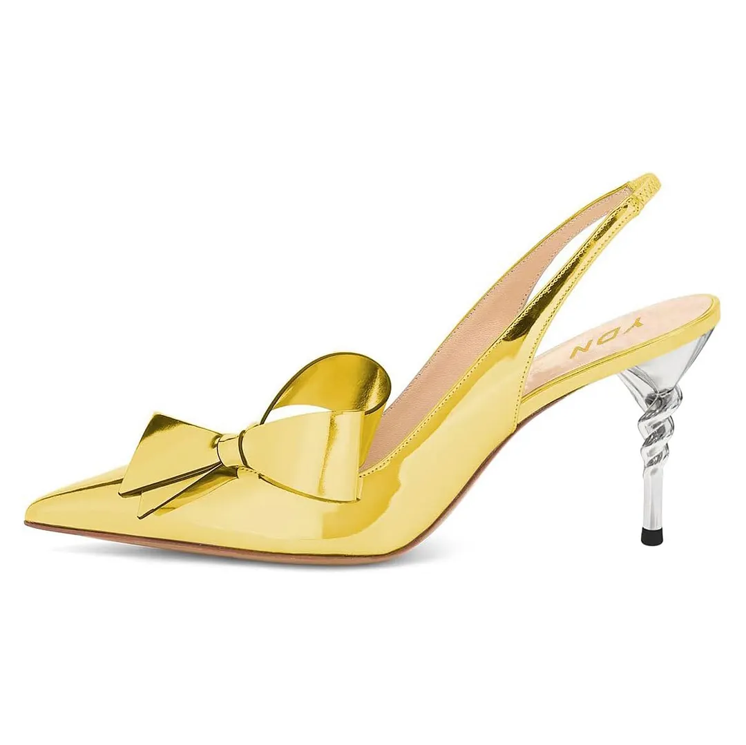 YDN Shiny Gold Patent Leather Pointed Toe Slingback Bow Heels