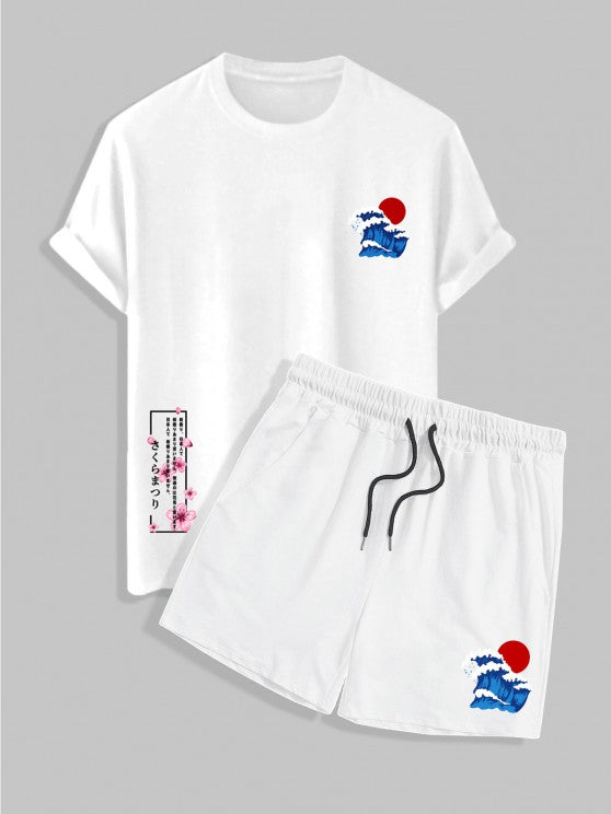 Sea Wave Sun Print T Shirt With Casual Shorts Set