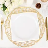 10 Pack | 10" White / Gold Wavy Rim Modern Square Plastic Dinner Plates, Disposable Party Plates