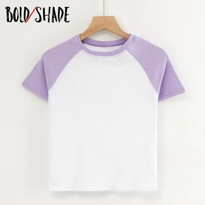 Bold Shade Grunge Street Style Vintage Tees Colorblocking Solid Crop T-shirts Indie Women Skater Fashion Slim Tshirt Basic 2021