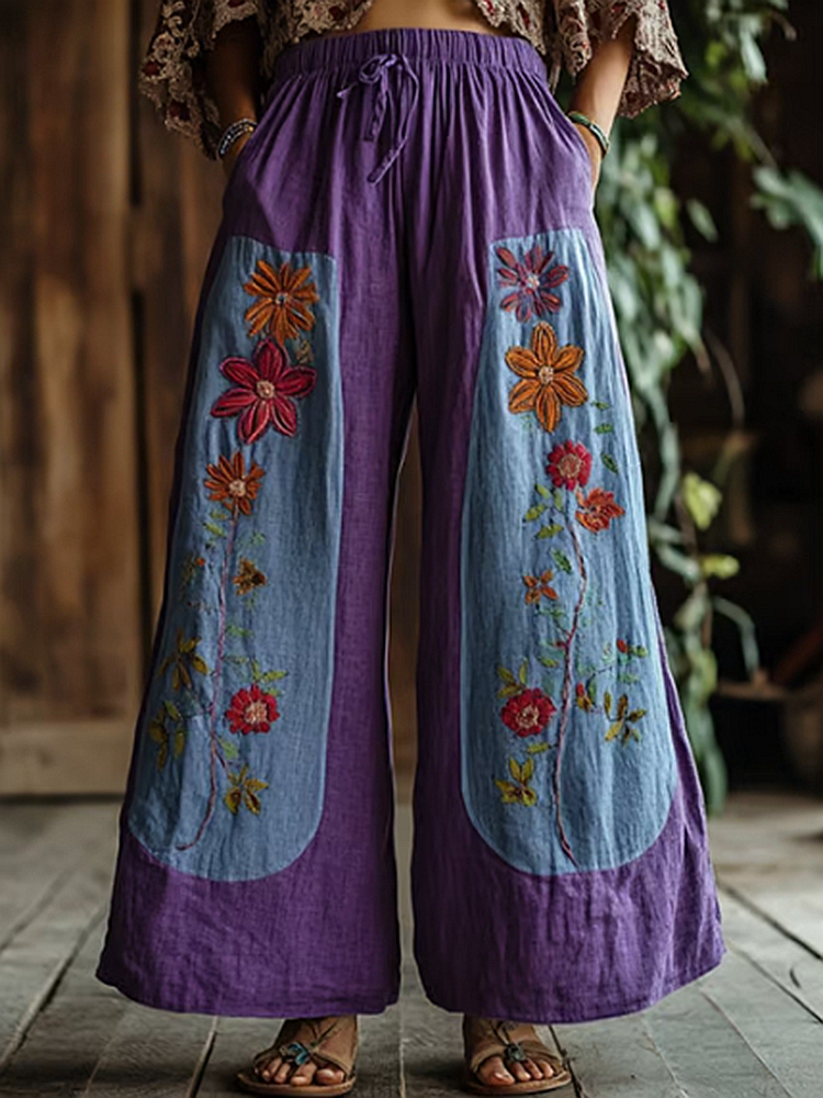Women's Embroidered Floral Printed Linen Blend Casual Pants