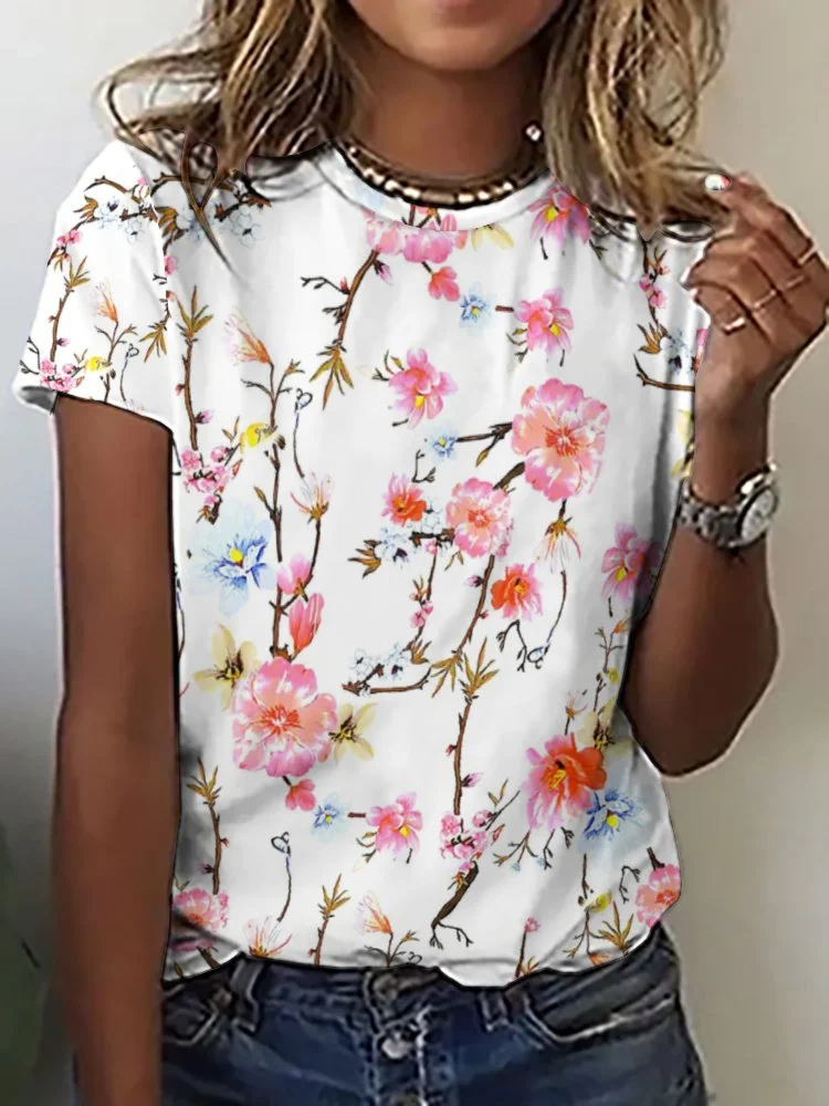 Printed Short Sleeve Casual T-shirt for  Women and Men Unisex Pattern Floral, Pink, Red