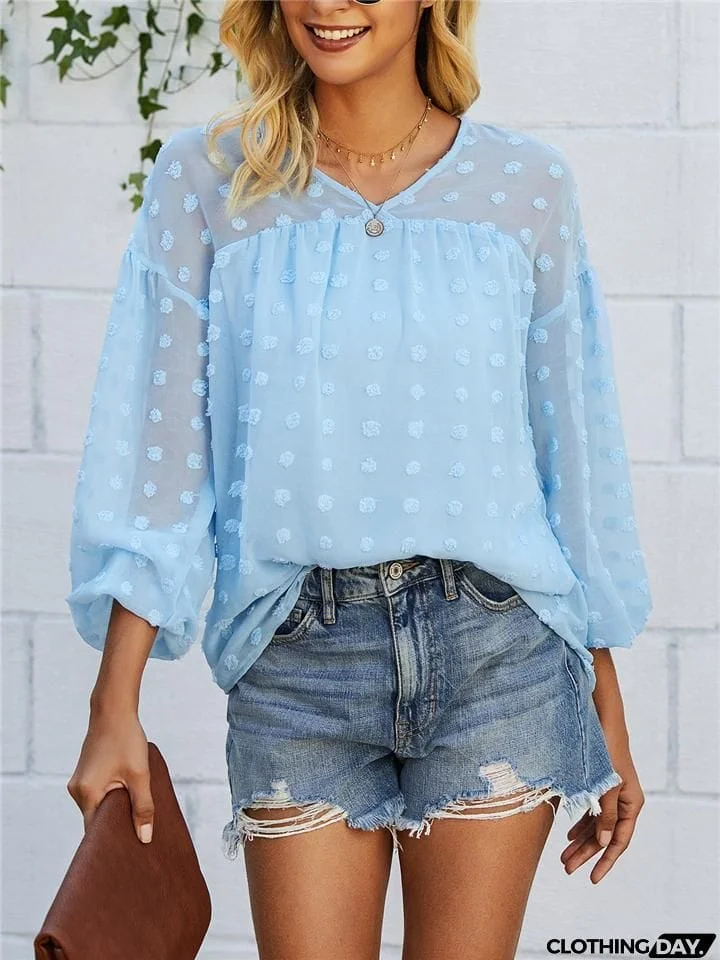 Relaxed Fit Oversized V Neck Semi Sheer Long Sleeve Swiss Dot Lightweight Blouse