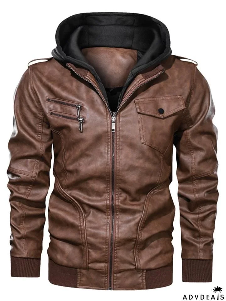 Men’s Slim Fit Full Zipper Multi Pocket Leather Jacket Coat